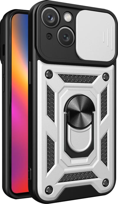 Hoesje geschikt voor iPhone 15 Plus met Ringhouder en Camera schuifje - Arara backcover - Zilver