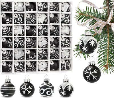 BRUBAKER 36-Delige Set Kerstballen Met 3 Cm Boomballen - Met De Hand Gedecoreerde Kerstboomversieringen Mini-Kerstballen Voor De Kerstboom En Kerstversiering - Kerstboomballen Van Glas – Zwart