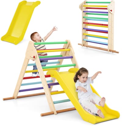 COSTWAY Klimdriehoek met glijbaan, 3-in-1 klimrek, indoor inklapbaar, driehoek met sporten van hout, om te glijden en te klimmen, voor kinderen vanaf 1 jaar