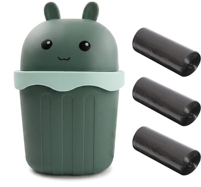 Creatieve groene konijnenvorm prullenbak voor kantoor, slaapkamer en keuken met deksel, inclusief 3 rollen zakken en handige opbergruimte