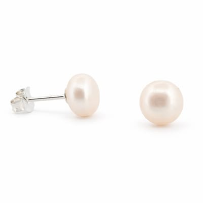 Zilveren dames oorknoppen met 8mm ivoorkleurige zoetwaterparel