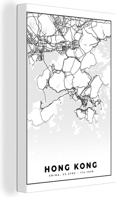 Canvas Schilderij Kaart - Hong Kong - Zwart Wit - Stadskaart - Plattegrond - 20x30 cm - Wanddecoratie