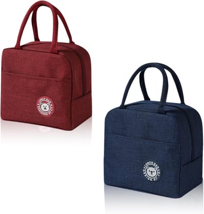 SnelShoppen - Set van 2 Lunchtassen, Bordeau en Marineblauw Mini Koeltas, Vouwbare Lunchtas met Warmte Isolerende Aluminium Folie voor Kantoor, Kamper