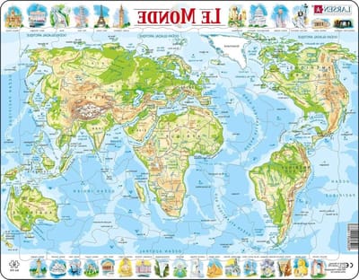 Wereld Puzzel - Fysieke Kaart - Aardrijkskunde Leren - Contour & Figuurstukken - 80 Stukjes - Multicolor