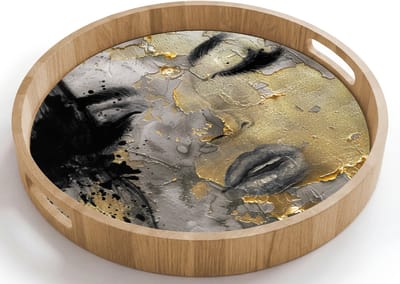 Dienblad rond 40x40 cm - Schootdienblad hout - Vrouw - Kunst - Goud - Zwart - Borrelplank rechthoek - Plateau houten dienbladen