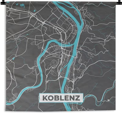 Wandkleed - Wanddoek - Duitsland – Blauw – Koblenz – Stadskaart – Kaart – Plattegrond - 180x180 cm - Wandtapijt