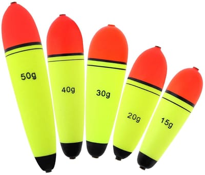 Dailygoods- Visdobbers EVA-schuim - 5 stuks - Drijvers 15g/20g/30g/40g/50g - Slip bobbers - Ovale vorm - Rood & Geel - Vissersfloat