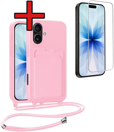 Hoesje Geschikt voor iPhone 17 Hoesje Met Telefoonkoord en Pasjeshouder Met Screenprotector Siliconen - Hoes Geschikt voor iPhone 17 Hoesje Met Kaarthouder Case - Lichtroze