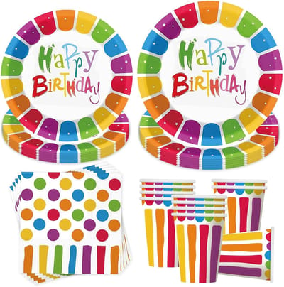 Dailygoods- Feestservies 50 Stuks - Regenboog Papieren Borden - Bekers - Servetten - Verjaardag - Kinderfeest - Verjaardagsservies