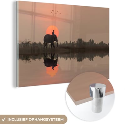 ® Glasschilderij 180x120 cm - Schilderij acrylglas - Een olifant bij een rijstveld in Thailand tijdens een zonsondergang - Foto op glas - Muurdecoratie woonkamer - Wanddecoratie slaapkamer - Schilderijen