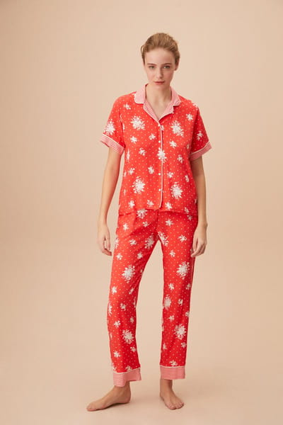 Suwen- Zomer- Katoen Dames Pyjama Set - Huispak- Homewear- Cadeau- Rood Maat S