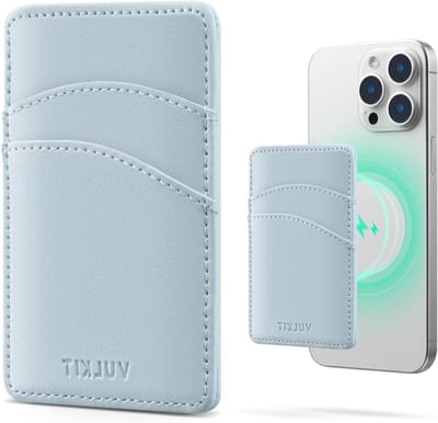 Dunne leren magnetische telefoonkaarthouder voor vrouwen met RFID-bescherming en MagSafe, ideaal voor creditcards en pasjes in klassiek blauw