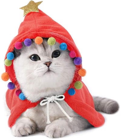 QTTVBTNA - 1 stuk Kerstoutfit voor Huisdieren - Rode Kerstmantel met Sterren & Pompons - Schattige Kerstcape met Muts voor Katten en Kleine Honden - Feestelijke Kerstkleding voor Hond en Poes - Maat M - Rood