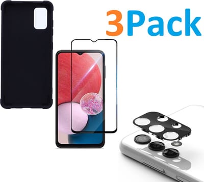 Anti-Schok Siliconen Hoesje Back Cover zwart + Display Full Tempered Glass Screen Protector  + Camera lens Beschermer zwart Geschikt voor: Samsung Galaxy A13 4G