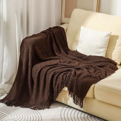 Stevige, zachte, gebreide, decoratieve deken met kwastjes voor een slaapbank, zacht, warm en comfortabel, lichtgewicht voor de lente en zomer (130 cm x 230 cm) - bruin - 130*230CM