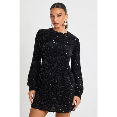 boohoo Dames Pailletten Blousonmouw Shift Feestjurk | Black | Maat: 8