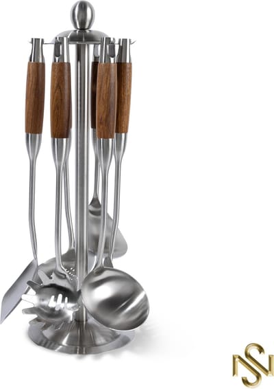 San Naila - Keukengerei - Zilver - Hout - RVS - 7-delig - Kookgerei - Draaibare houder - Luxe - Kookgerei