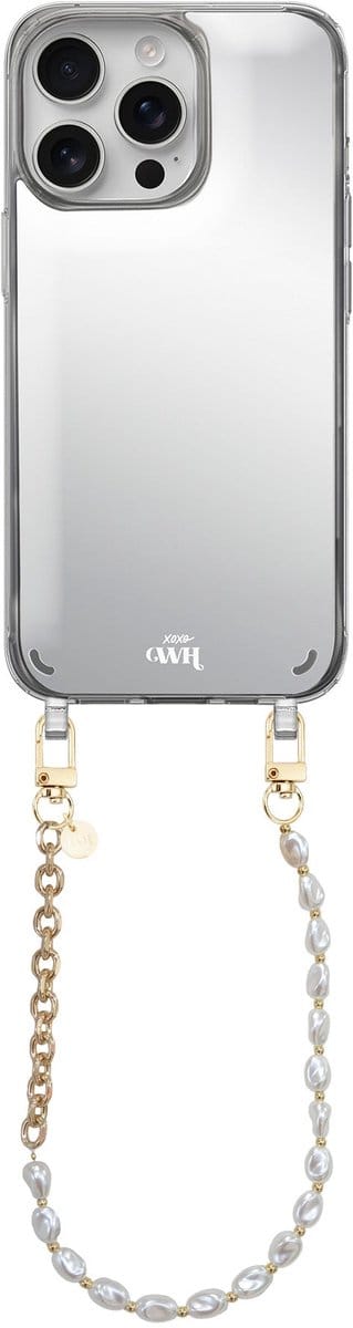 xoxo Wildhearts hoesje met spiegel geschikt voor iPhone 16 Pro Max case - Over The Moon Mirror Case - Kort koord - Siliconen telefoonhoesje met spiegel - Schokbestendig - Parelketting met gouden schakels