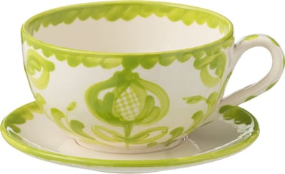 J-Line kopje + schoteltje Granada - keramiek - wit/groen