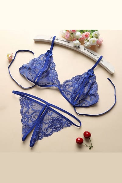 La Nuita Kobalt Blauwe Kanten Bh Set Dames - Open Cup Bralette met Strappy Bandjes en String - Sexy Tweedelige Lingerie (S t/m XL)