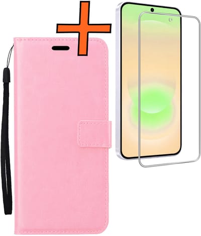 Hoes - Met Screenprotector - Geschikt voor Samsung Galaxy A37 - Luxe Pasjeshouder - Bookcase Portemonee - Flip Case - Kunstleer Book Case - Flipcase - Book Cover - Walletcase - PortemonneeHoes - Lichtroze