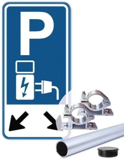 Bord parkeren oplaadpunt pijlen 30x60 cm - Bevestiging: Met paal 150 cm + paalbeugels + paaldop