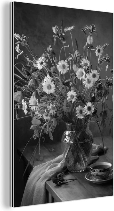 Aluminium schilderij 120x180 cm - Wanddecoratie metaal - Boeket - Bloemen - Olieverf - Stilleven - Zwart - Wit - Metalen muurdecoratie woonkamer - Decoratie industrieel - Foto op dibond - Industriële accessoires slaapkamer