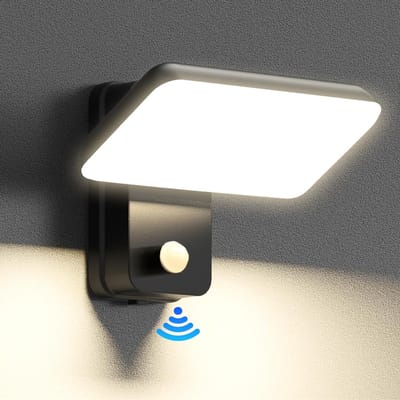 Zwarte wandlamp met bewegingssensor, waterdichte IP65 LED-wandlamp, binnen-/buitenwandlamp met draaibaar LED-paneel, voor tuin, terras, entree, warm wit, 3000 K, (Moet voor gebruik worden aangesloten op de hoofdvoeding)