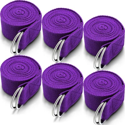 longziming-Yoga Riem - Yoga strap - Stretch Band - Pilates - 6 stuks - 2,4 meter - 3,8 cm breed - D-vormige metalen gesp - Antislip katoen-polyester - Zwart & paars - Voor flexibiliteit, rekken en yogahoudingen - Paars