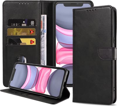 Geschikt voor iPhone 11 Telefoonhoesje Kunstleer met Magnetisch lipje en Pasjeshouder Book Case met Klepje - Zwart - Smartphonica geschikt voor iPhone 11