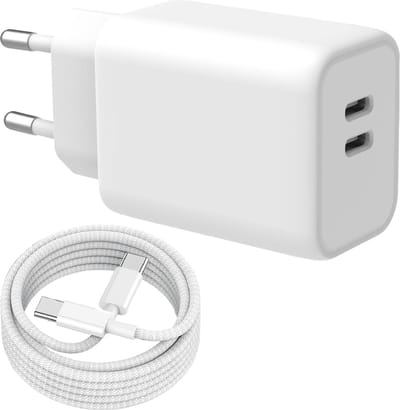 45w Oplader usb-C 2 Poorten + usb-C naar usb-C Kabel - 2 Meter - Snellader usb C Adapter