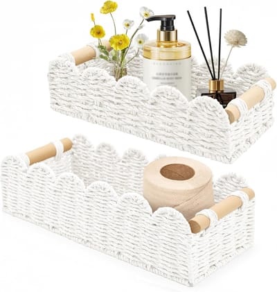 2 stuks opbergmanden, rieten mand, gevlochten met houten handgrepen, opbergdoos, organizer, decoratie voor keuken, badkamer, kantoor, rek (wit)