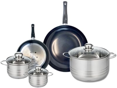 Set van 2 Koekenpannen 20 en 28 cm en 3 kookpotten 12, 14 en 24 cm Elo Prima Brillant