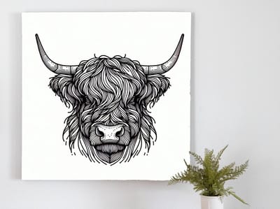 Line art schotse hooglander schilderij | Highland Horizon: een meesterwerk van grillige lijnen en rustige schoonheid | Kunst - 50x50 centimeter op Dibond | Foto op Dibond