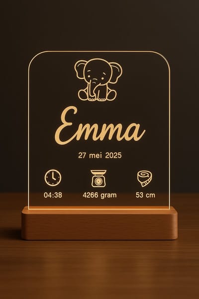 Geboorte bordje met licht - transparant verlicht met led lamp - olifant - eigen naam, geboortedatum, -gewicht, -tijdstip en -lengte - kraamcadeau geboortecadeau - gepersonaliseerd - 11x13cm