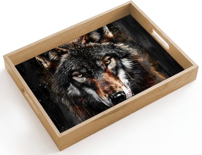 Dienblad hout 40x30 cm - Schootdienblad - Dieren - Wolf - Portret - Zwart - Bruin - Borrelplank rechthoek - Plateau dienbladen
