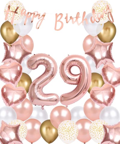 Snoes Ballonnen 29 Jaar Rose Gold White Dots - Compleet Feestpakket met cijfer ballon 29 Jaar - Verjaardag Versiering Slinger Happy Birthday – Folieballon – Latex Ballonnen - Helium Ballonnen - Rose Feestpakket