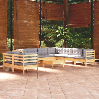 vidaXL - 10-delige - Loungeset - met - grijze - kussens - massief - grenenhout