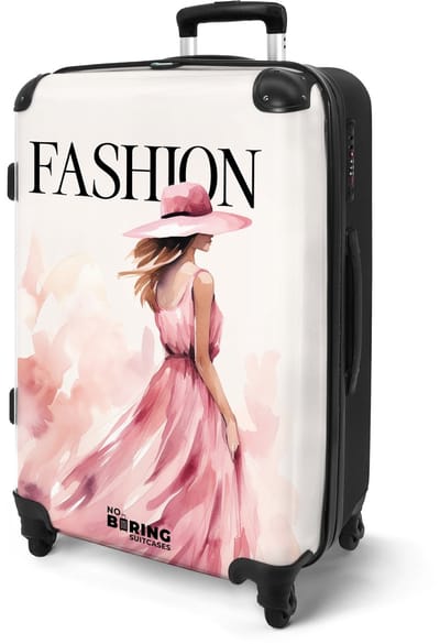 NoBoringSuitcases.com® - Koffer groot - Rolkoffer lichtgewicht - Fashion - Crèmekleur met zwierige jurk - Reiskoffer met 4 wielen - Valies grote trolley XL op wieltjes - Harde reistrolley met TSA slot - 20 kg bagage - Reizen