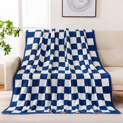 Omkeerbare Gooi Deken Dambord Patroon - Gezellige Microvezel Dekoratie voor Thuis (Blauw, 150 x 180 cm)