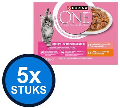 5x Purina One - Junior Zalm, Kip & Wortels in Saus (8x85g) - Kattenvoer Natvoer - 680 g
