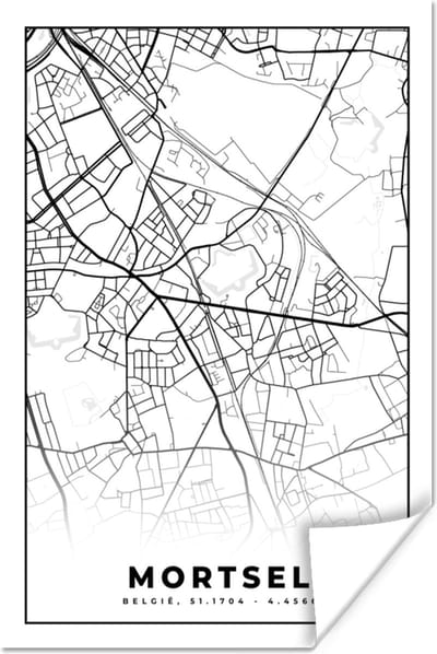Poster Zwart Wit – België – Plattegrond – Stadskaart – Kaart – Mortsel - 120x180 cm XXL