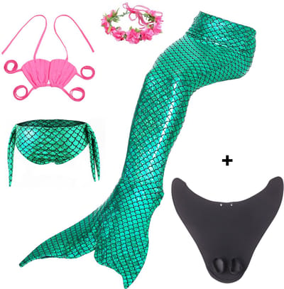 Joya Kids® Zeemeerminstaart met bikini met MONOVIN verkleed set Schubben Groen Metallic | Staart met bijpassende bikini Roze Schelpen | Mermaid Staart | Prinsessen jurk | Zeemeermin Verkleedkleding meisje | Maat 110 | Incl MONOVIN
