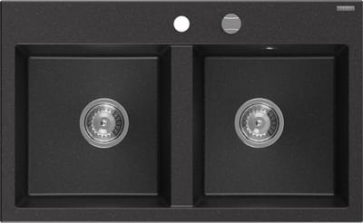 Mexen Hektor 2-komorige granieten gootsteen 800 x 480 , zwart/zilver metallic, chromen sifon - 6521802000-73