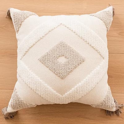 Housse de coussin en toile de coton motif tufté losange géométrique bohème Housses de coussin décoratives pour canapé de maison, chambre à coucher avec pompons 45x45cm