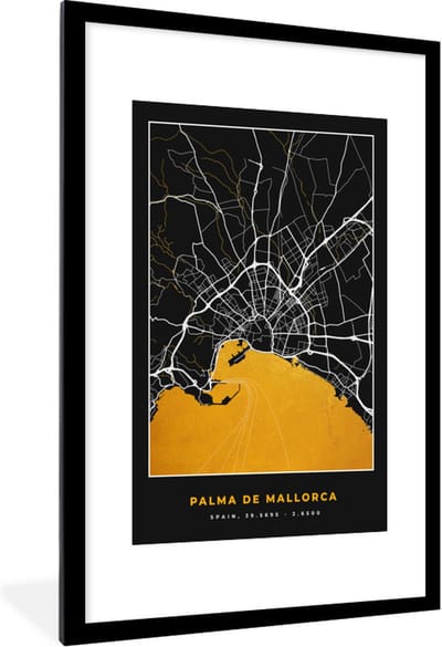 Fotolijst incl. Poster - Mallorca - Stadskaart - Goud - Plattegrond - Kaart - 80x120 cm - Posterlijst