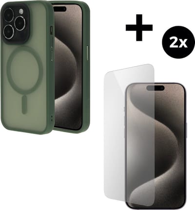 Mobiparts Hardcover MagSafe hoesje geschikt voor Apple iPhone 15 Pro - MagSafe - met 2 Screenprotectors van Gehard Glas - Groen