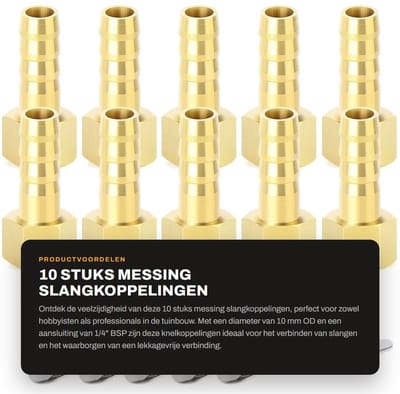 Dailygoods- Knelkoppelingen 10 Stuks - Messing Slangmondstukken - 1/4" BSP x 10 mm - Slangklemmen - Corrosiebestendig - Werktemperatuur -50-120°C - Slangconnector