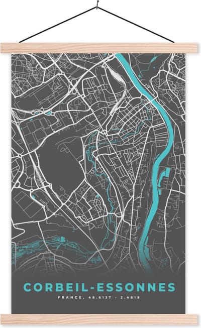 Posterhanger incl. Poster 40x60 cm - Schoolplaat - Corbeil-Essonnes - Frankrijk - Stadskaart - Kaart - Plattegrond - Textielposter - Blanke latten - Stadskaart