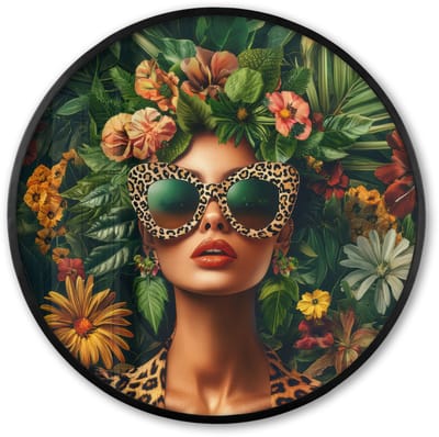 Poster in lijst Rond - Fotolijst 60x60 cm - Posters - Vrouw - Panterprint - Jungle - Natuur - Luxe - Ronde posterlijst zwart - Decoratie - Wanddecoratie woonkamer - Muurdecoratie slaapkamer